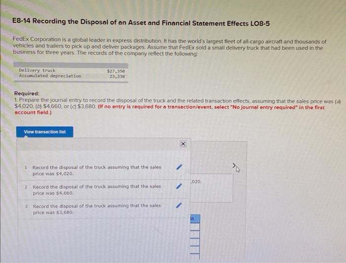 E8 14 Recording The Disposal Of An Asset And Financial Statement Effects Lo8 5 Fedex Corporation Is A Global Leader In E 1