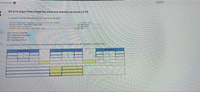 Final Exam O 3 E Qs 21 8 Algo Direct Materials Price And Quantity Variances Lo P3 A Company Reports The Following For 1