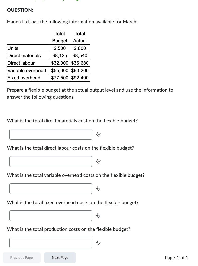 Question Hanna Ltd Has The Following Information Available For March Total Total Budget Actual Units 2 500 2 800 Dire 1