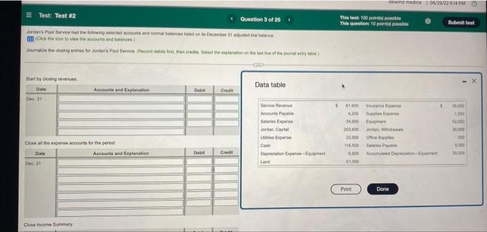 Test Test 2 Question 3 Of 25 Jordan S Pool Service Had The Flowing Selected Accounts And Normal Balances Listed On To 1