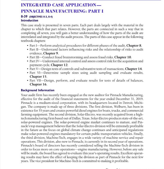 Integrated Case Application Pinnacle Manufacturing Part I 8 39 Objectives 8 3 8 4 Introduction This Case Study Is Pr 1