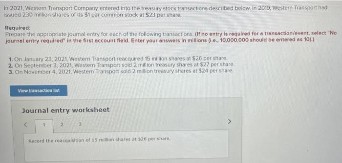 In 2021 Western Transport Company Entered Into The Treasury Stock Transactions Described Below In 2019 Western Transp 1