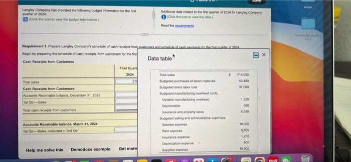 Langley Company Has Provided The Following Budget Information For The First Quarter Of 2024 Click The Icon To View The 2
