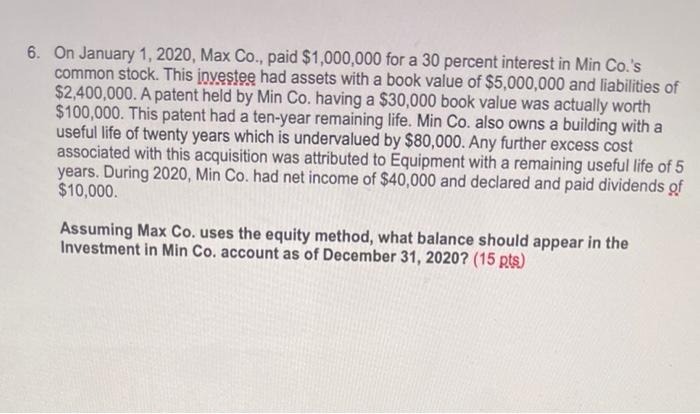 6 On January 1 2020 Max Co Paid 1 000 000 For A 30 Percent Interest In Min Co S Common Stock This Investee Had A 1