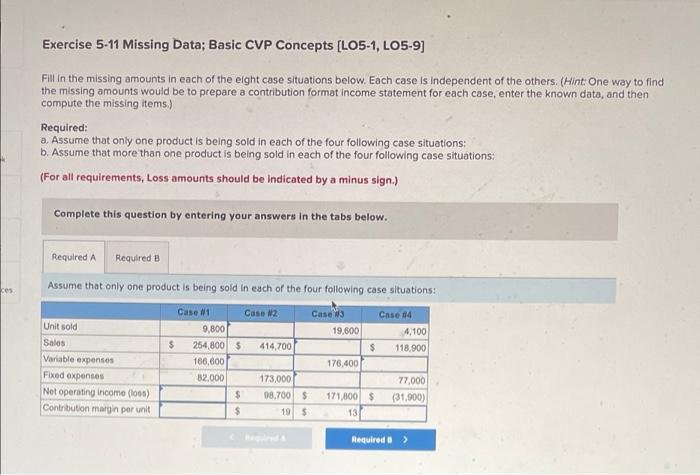 Ces Exercise 5 11 Missing Data Basic Cvp Concepts Lo5 1 Lo5 9 Fill In The Missing Amounts In Each Of The Eight Case 1