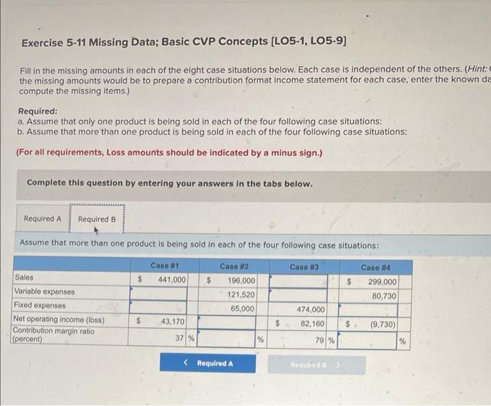 Ces Exercise 5 11 Missing Data Basic Cvp Concepts Lo5 1 Lo5 9 Fill In The Missing Amounts In Each Of The Eight Case 2