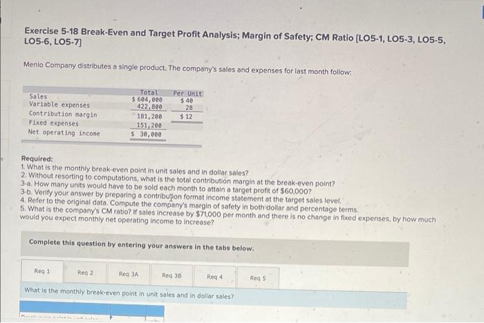 Exercise 5 18 Break Even And Target Profit Analysis Margin Of Safety Cm Ratio Lo5 1 Lo5 3 Lo5 5 Lo5 6 Lo5 7 Menl 1