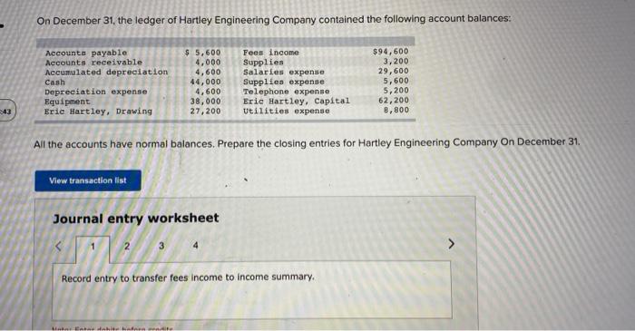 43 On December 31 The Ledger Of Hartley Engineering Company Contained The Following Account Balances Accounts Payable 1