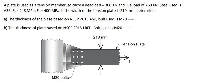 A Plate Is Used As A Tension Member To Carry A Deadload 300 Kn And Live Load Of 260 Kn Steel Used Is A36 Fr 248 Mp 1