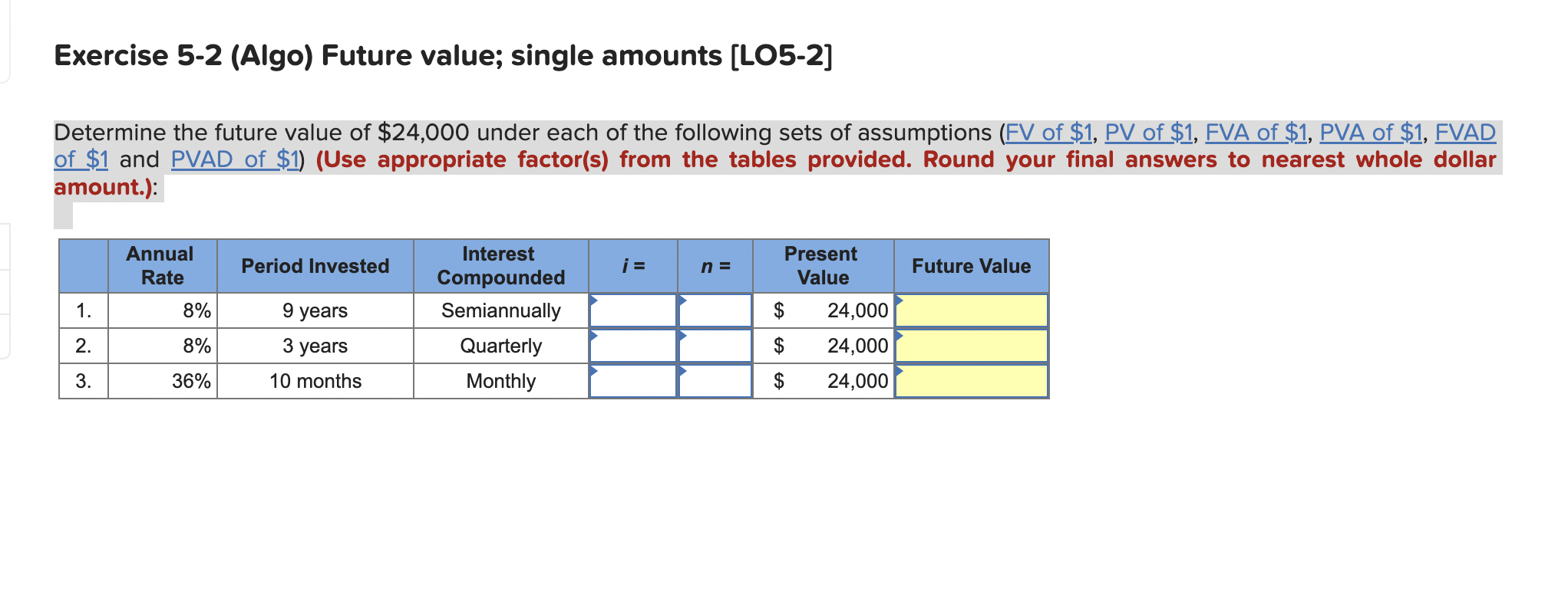 Exercise 5 2 Algo Future Value Single Amounts Lo5 2 Determine The Future Value Of 24 000 Under Each Of The Followi 1