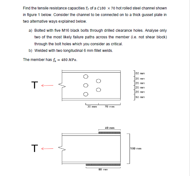 Find The Tensile Resistance Capacities Tr Of A C180 X 70 Hot Rolled Steel Channel Shown In Figure 1 Below Consider The 1