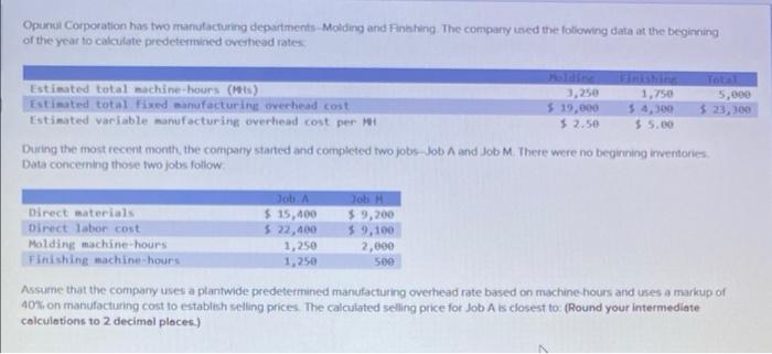 Opunul Corporation Has Two Manufacturing Departments Molding And Finishing The Company Used The Following Data At The B 1