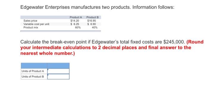 Edgewater Enterprises Manufactures Two Products Information Follows Product A 14 20 Product B 16 95 6 25 6 90 Sa 1