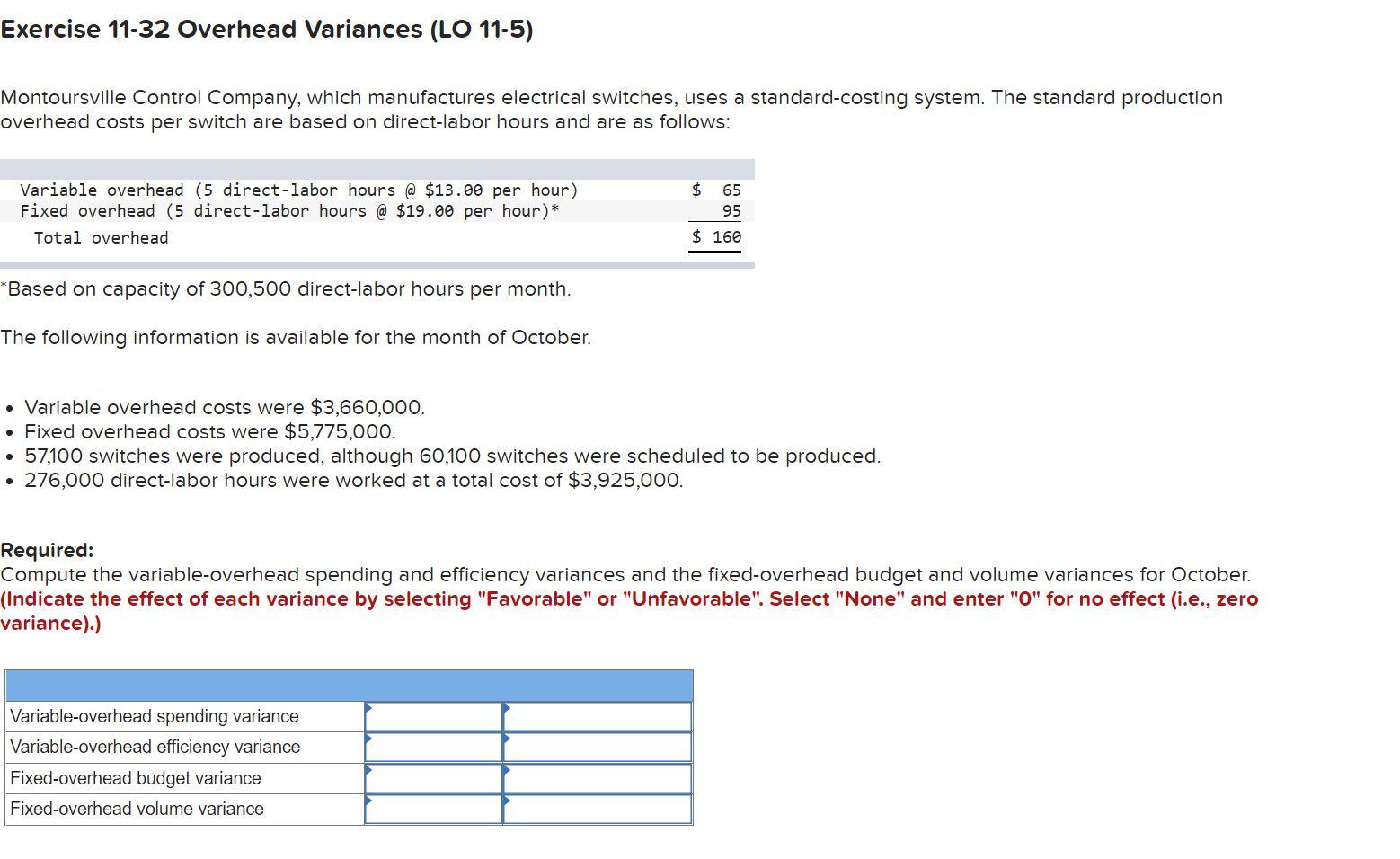 Exercise 11 32 Overhead Variances Lo 11 5 Montoursville Control Company Which Manufactures Electrical Switches Uses 1