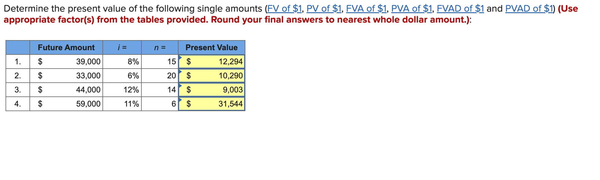 Determine The Present Value Of The Following Single Amounts Fv Of 1 Pv Of 1 Fva Of 1 Pva Of 1 Fvad Of 1 And Pv 1