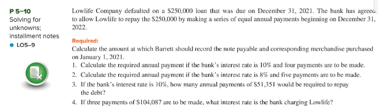 P 5 10 Solving For Unknowns Installment Notes Lo5 9 Lowlife Company Defaulted On A 250 000 Loan That Was Due On Decem 1