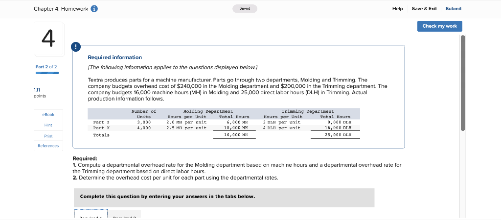 Chapter 4 Homework I 4 Part 2 Of 2 1 11 Points Ebook Hint Print References Required Information The Following Informat 1