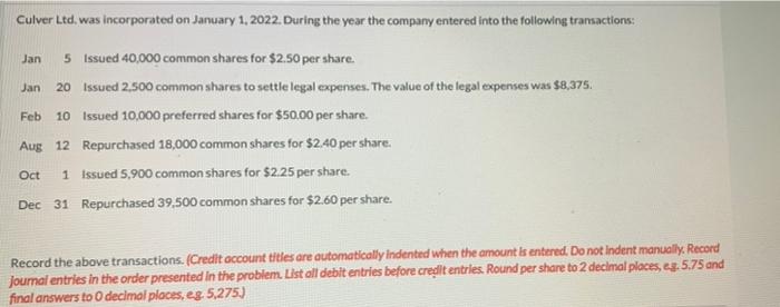 Culver Ltd Was Incorporated On January 1 2022 During The Year The Company Entered Into The Following Transactions Ja 1