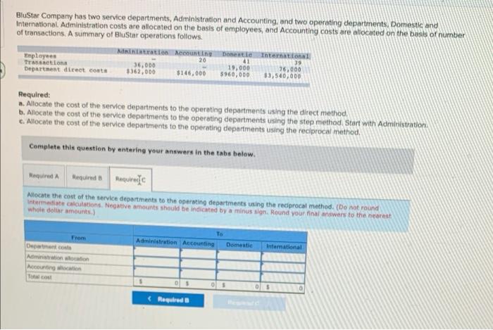 Blustar Company Has Two Service Departments Administration And Accounting And Two Operating Departments Domestic And 3
