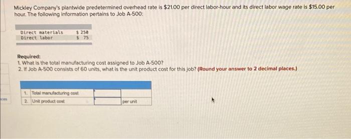 Mickley Company S Plantwide Predetermined Overhead Rate Is 21 00 Per Direct Labor Hour And Its Direct Labor Wage Rate I 1