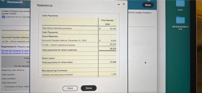 Langley Company Has Provided The Following Budget Information For The First Quarter Of 2024 Click The Icon To View The 3