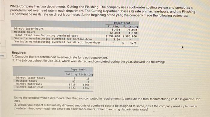 Ces White Company Has Two Departments Cutting And Finishing The Company Uses A Job Order Costing System And Computes A 1