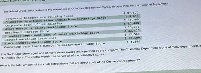 Inabled Exam The Following Cost Date Pertain To The Operations Of Quinonez Department Stores Incorporated For The Mon 1