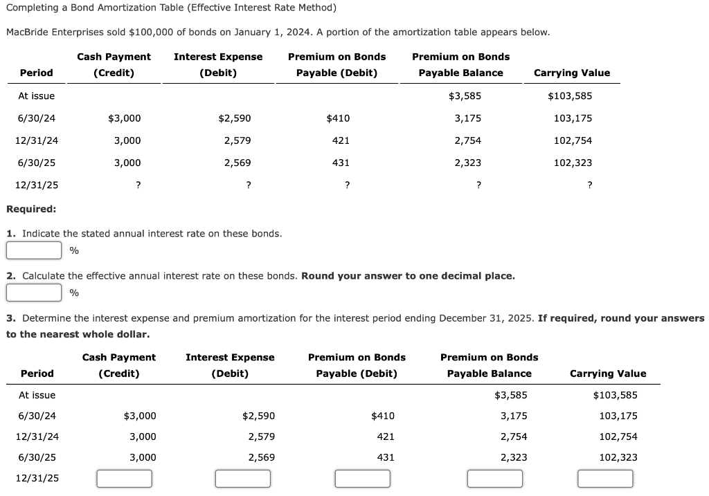 Completing A Bond Amortization Table Effective Interest Rate Method Macbride Enterprises Sold 100 000 Of Bonds On Jan 1