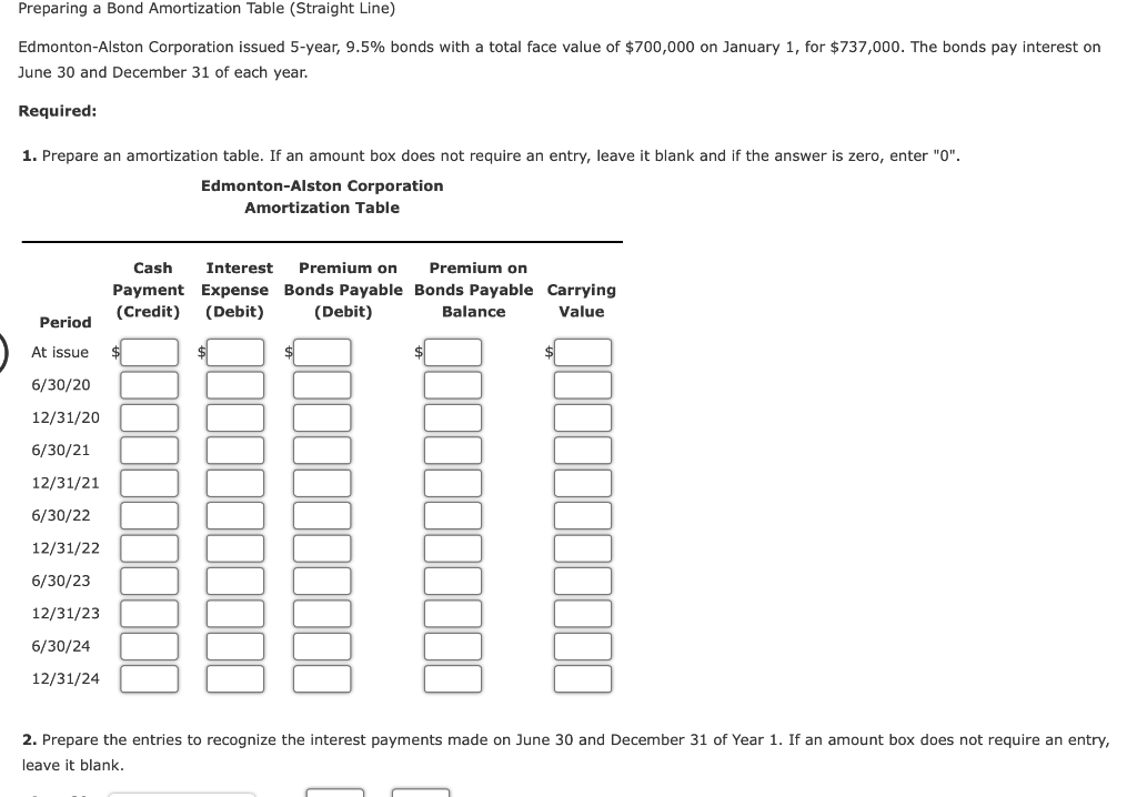 Preparing A Bond Amortization Table Straight Line Edmonton Alston Corporation Issued 5 Year 9 5 Bonds With A Total F 1