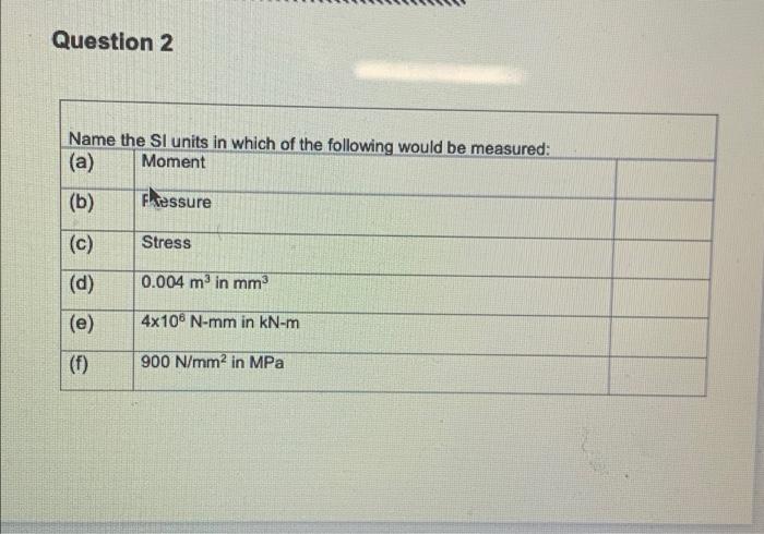 Question 2 Name The Si Units In Which Of The Following Would Be Measured A Moment 6 Ftessure C Stress D 0 004 1