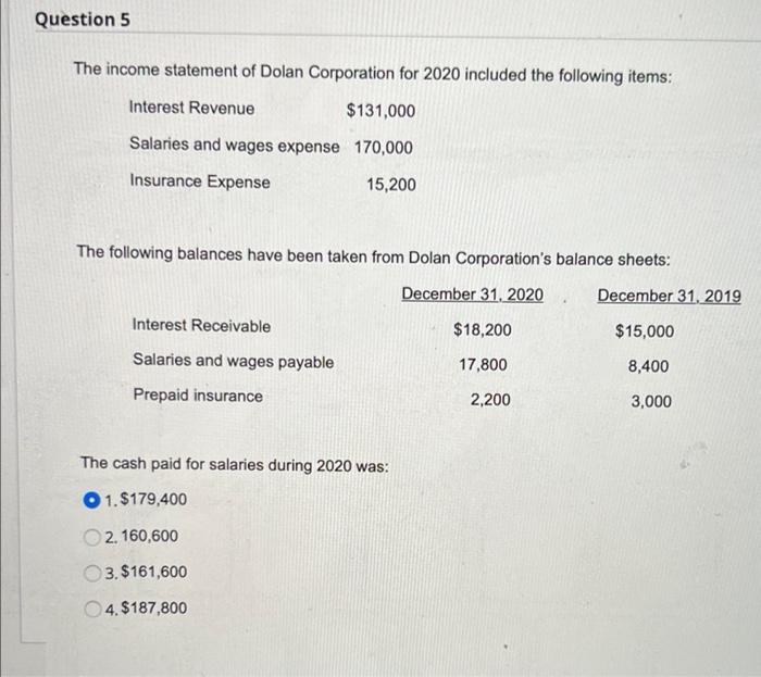 Question 5 The Income Statement Of Dolan Corporation For 2020 Included The Following Items Interest Revenue 131 000 Sa 1