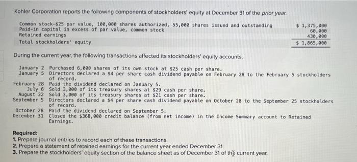 Kohler Corporation Reports The Following Components Of Stockholders Equity At December 31 Of The Prior Year Common Sto 1