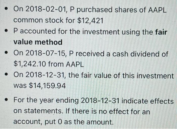 On 2018 02 01 P Purchased Shares Of Aapl Common Stock For 12 421 P Accounted For The Investment Using The Fair Value 1