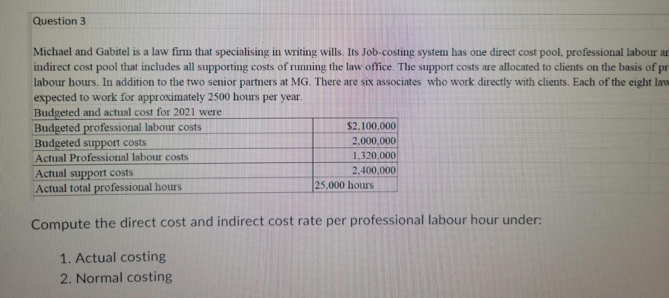 Question 3 Michael And Gabitel Is A Law Firm That Specialising In Writing Wills Its Job Costing System Has One Direct C 1