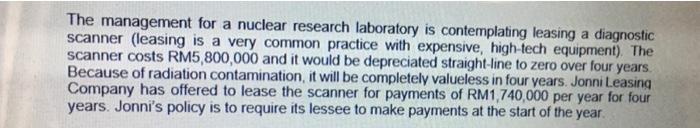 The Management For A Nuclear Research Laboratory Is Contemplating Leasing A Diagnostic Scanner Leasing Is A Very Common 1