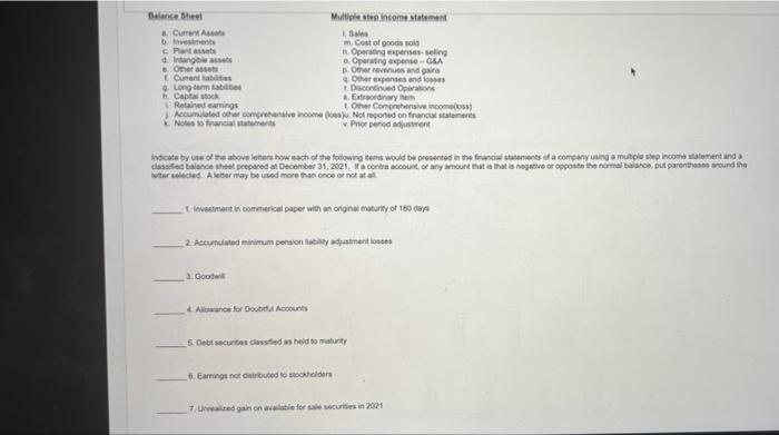 Balance Sheet 8 Current Assas B Investments Plant Assets D Intangible Assets Other Assets Curent Liabilites 9 Long Te 1