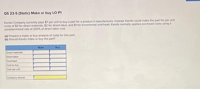 Qs 23 5 Static Make Or Buy Lo P1 Kando Company Currently Pays 7 Per Unit To Buy A Part For A Product It Manufactures 1