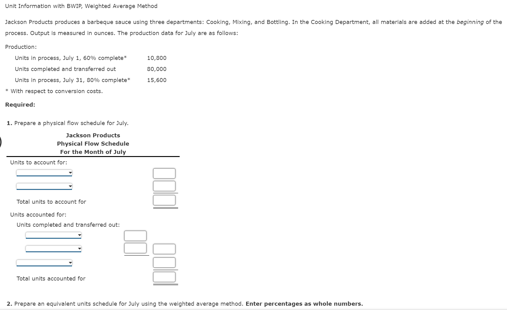 Unit Information With Bwip Weighted Average Method Jackson Products Produces A Barbeque Sauce Using Three Departments 1