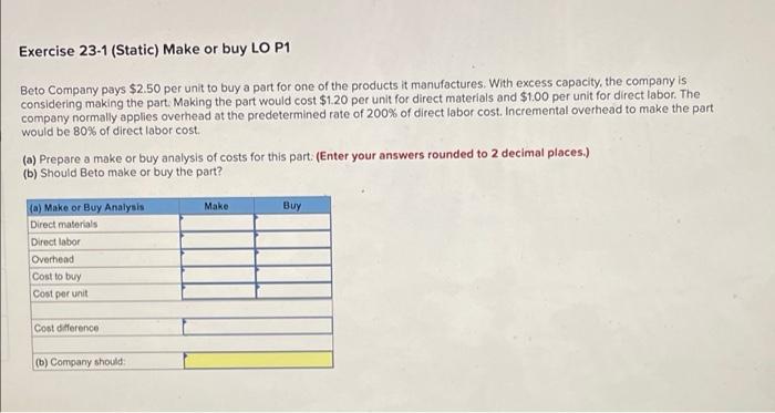 Exercise 23 1 Static Make Or Buy Lo P1 Beto Company Pays 2 50 Per Unit To Buy A Part For One Of The Products It Manuf 1