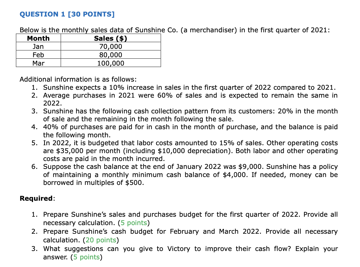 Question 1 30 Points Below Is The Monthly Sales Data Of Sunshine Co A Merchandiser In The First Quarter Of 2021 Mo 1