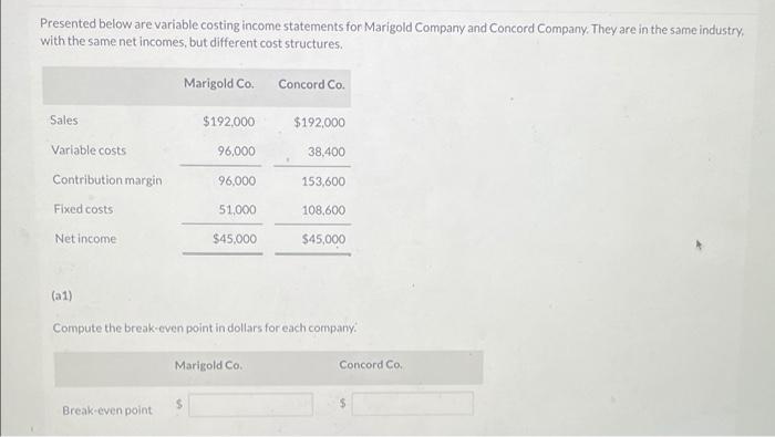 Presented Below Are Variable Costing Income Statements For Marigold Company And Concord Company They Are In The Same In 1