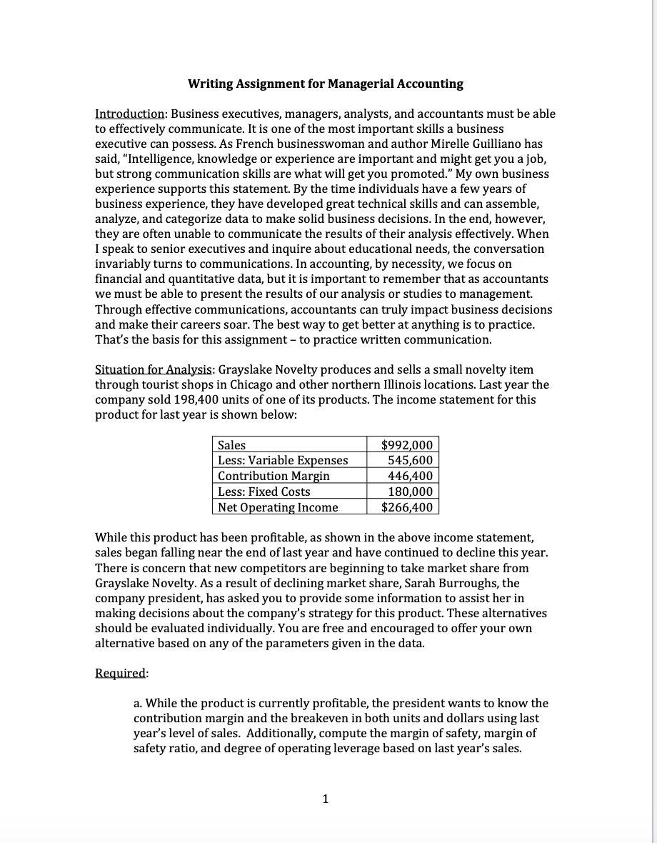 Writing Assignment For Managerial Accounting Introduction Business Executives Managers Analysts And Accountants Must 1