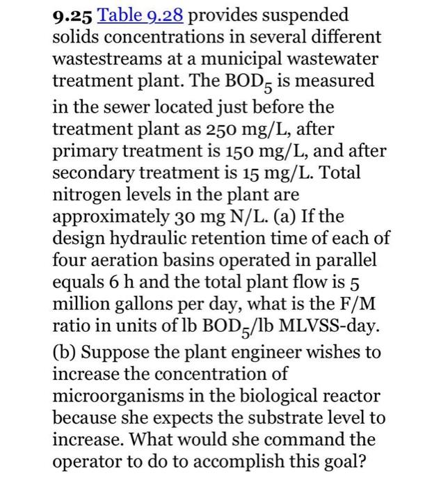 9 25 Table 9 28 Provides Suspended Solids Concentrations In Several Different Wastestreams At A Municipal Wastewater Tre 1