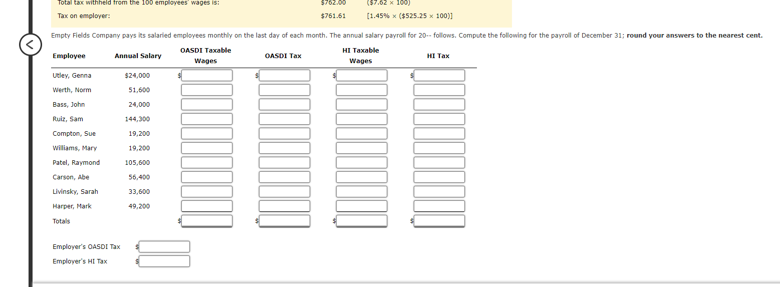 Empty Fields Company Pays Its Salaried Employees Monthly On The Last Day Of Each Month The Annual Salary Payroll For 20 1