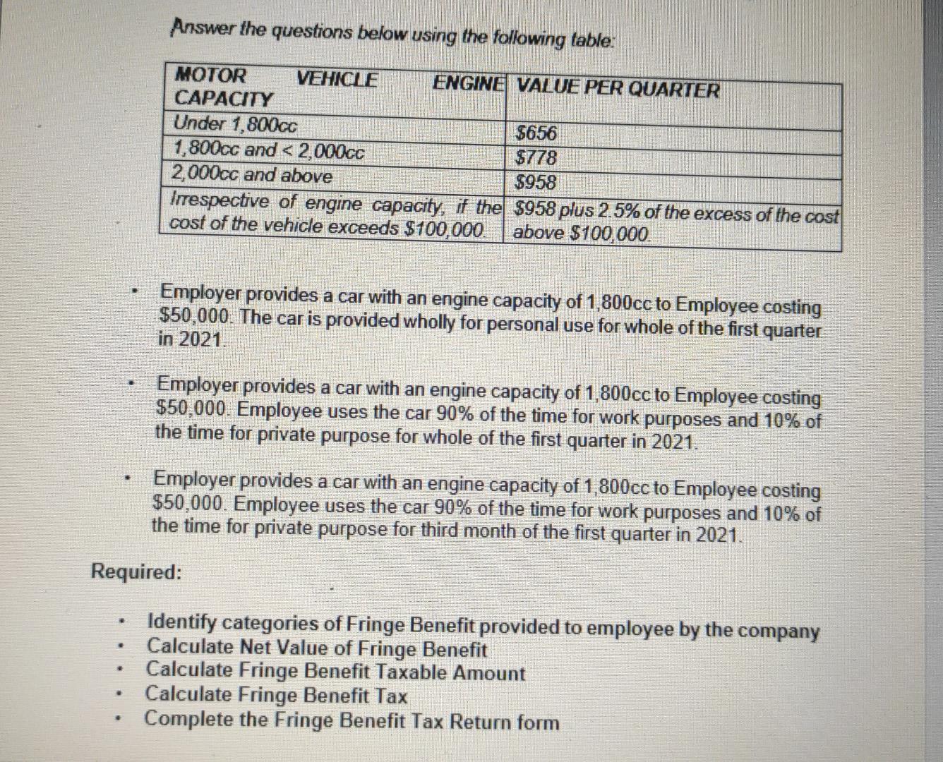 Answer The Questions Below Using The Following Table Motor Capacity Vehicle Under 1 800cc 1 800cc And 2 00 1