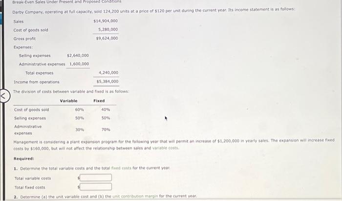 Break Even Sales Under Present And Proposed Conditions Darby Company Operating At Full Capacity Sold 124 200 Units At 1