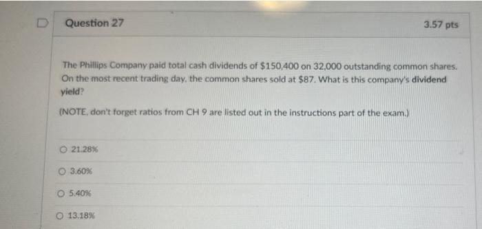 D Question 27 The Phillips Company Paid Total Cash Dividends Of 150 400 On 32 000 Outstanding Common Shares On The Mos 1