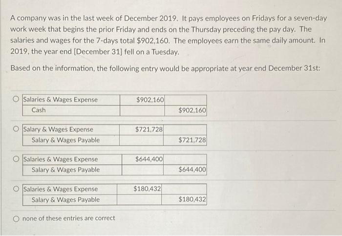 A Company Was In The Last Week Of December 2019 It Pays Employees On Fridays For A Seven Day Work Week That Begins The 1