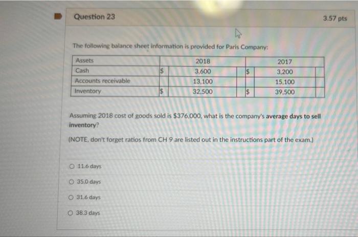 Question 23 The Following Balance Sheet Information Is Provided For Paris Company Assets Cash Accounts Receivable Inven 1