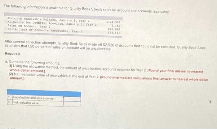 The Following Information Is Available For Quality Book Sales S Sales On Account And Accounts Receivable Accounts Recei 1